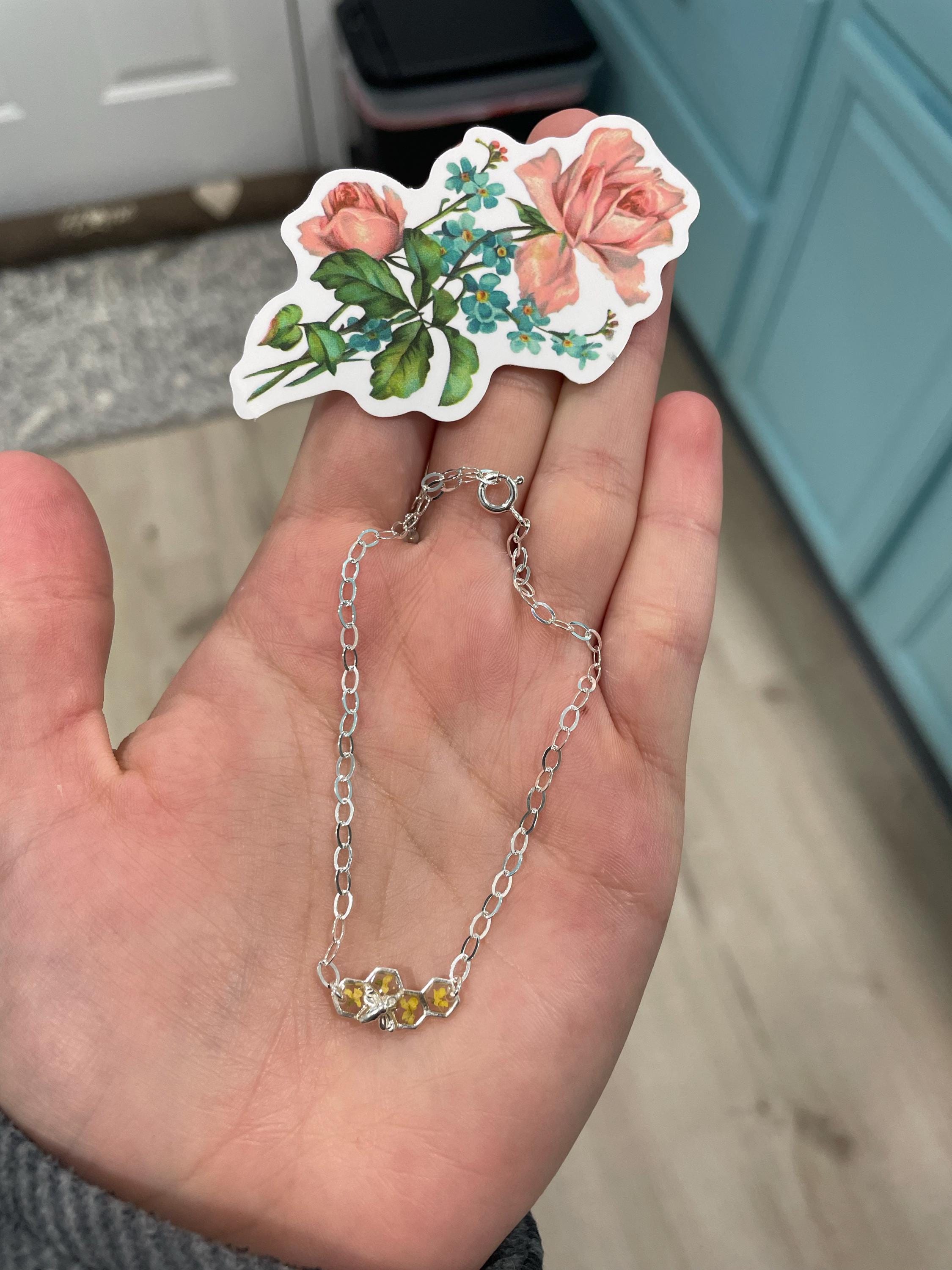 Sterling silver bee bracelet with yellow flowers, honeycomb bumble bee bracelet for women with angelite charm, birthday gifts for her
