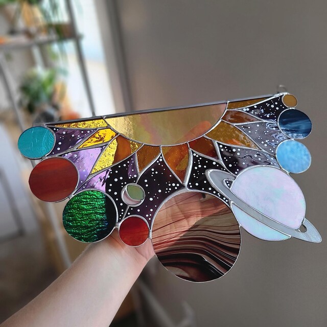 Stained Glass Solar System Panel: Galaxy Planets Suncatcher Wall
