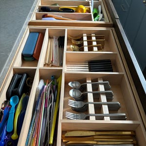 Custom Kitchen Drawer Organizer with individual cut outs for utensils and knives - Custom Made from Solid Maple or Walnut