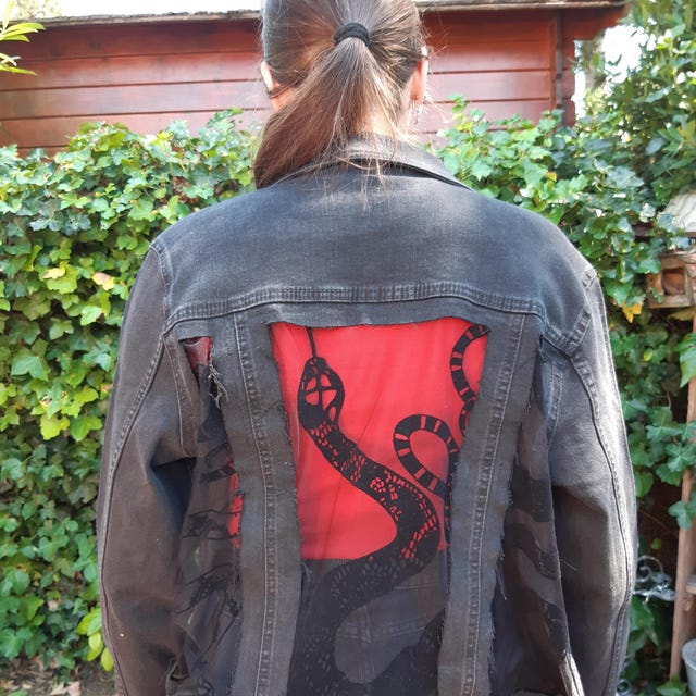 Oversized Custom Denim Black Jean Snake Jacket With Sheer Oversized Custom Denim Black Jean Snake Jacket With Sheer
