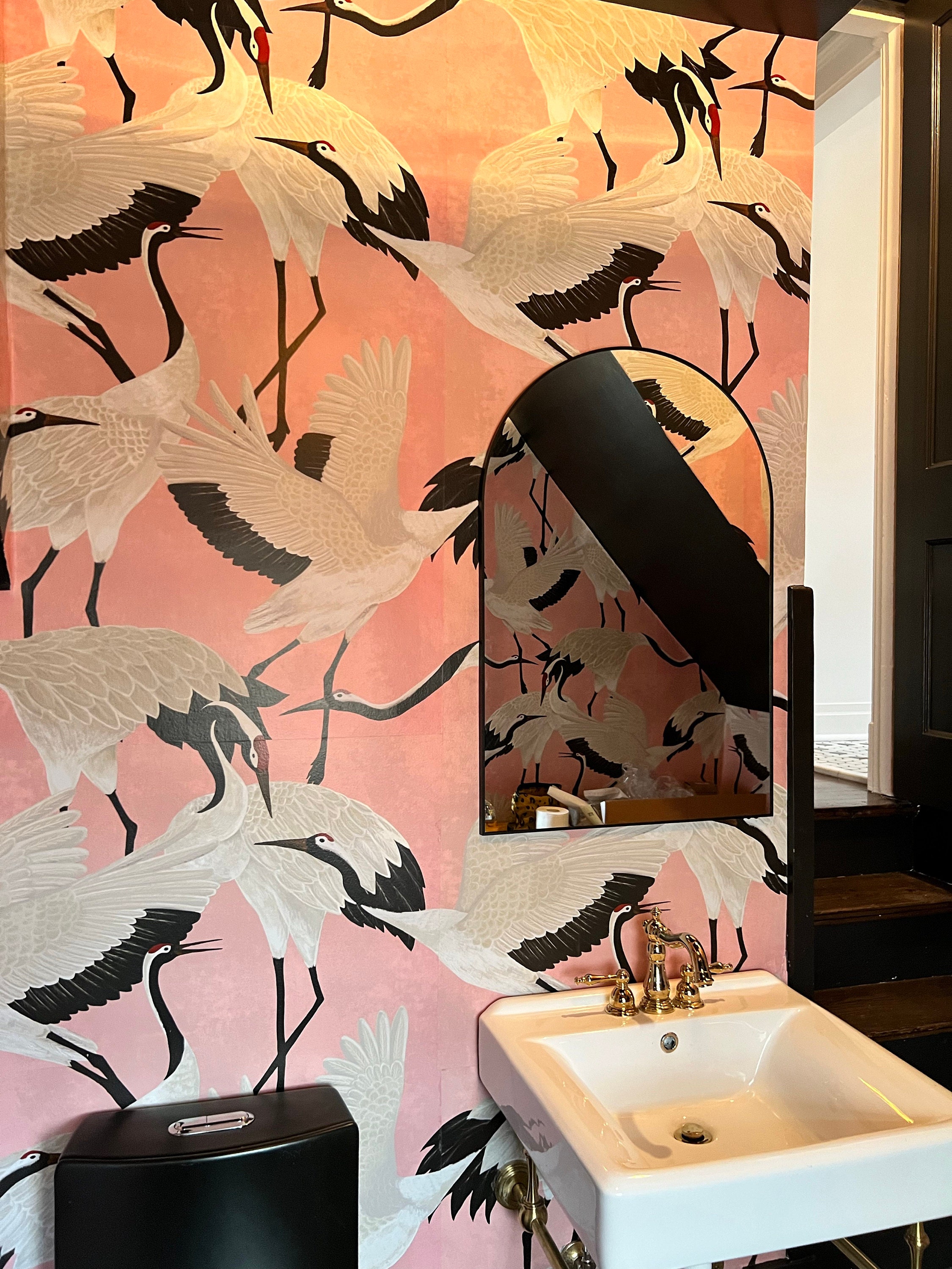 Pink Heron Print Wallpaper, Luxury Wallpaper with Asian Birds