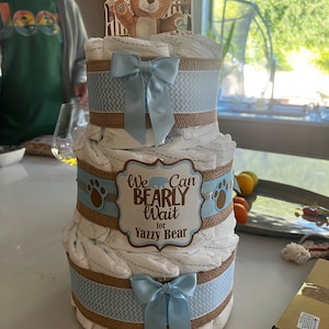 Teddy Bear Diaper Cake With a We Can Bearly Wait Theme for a Cute Baby ...