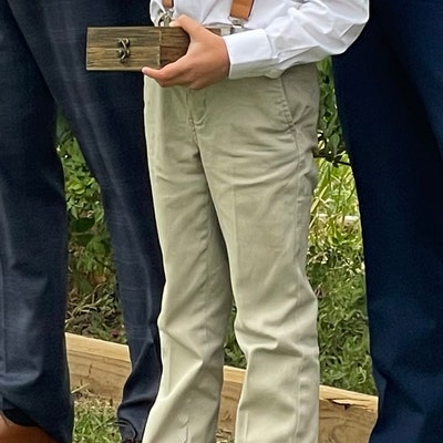 champagne colored bow tie and suspenders