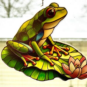 蓮の葉の上のカエルのアクリル窓飾り：フェイクステンドグラスアート