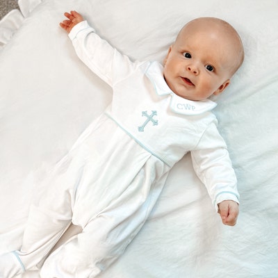 Luke Baptism Outfit-white W Blue Trim-baby Boy Baptism Outfit-baby Boy ...