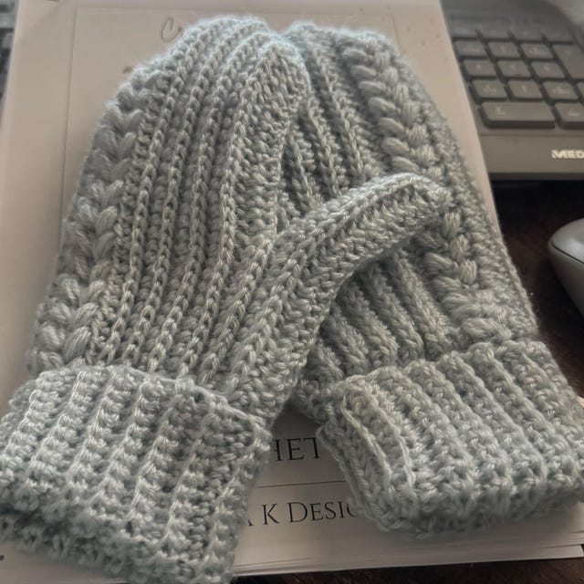 A customer's finished Crochet Cardigan, Mittens and Ear Warmer Pattern Bundle