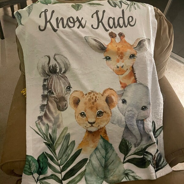 Safari Animals Baby Boy Name Blanket, Jungle Greenery Leaves Forest ...