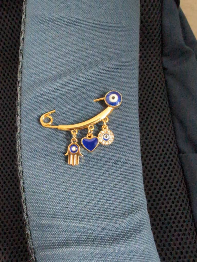 14x35mm 24k Shiny Gold Plated Evil Eye Safety Pin With Loops, Blue Evil Eye Baby Protection, Cute Evil Eye Baby Clothing Pin,  MBGMTE1403-1