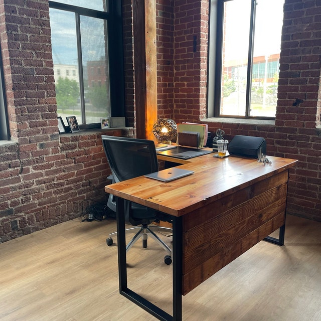 L Shaped Desk. Two Piece Desk. Desk With Privacy Wall. Industrial