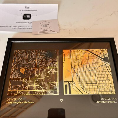 A4 Any Two Locations Metallic Map Print, Custom Multi Location Foil Map Personalised Print in ...