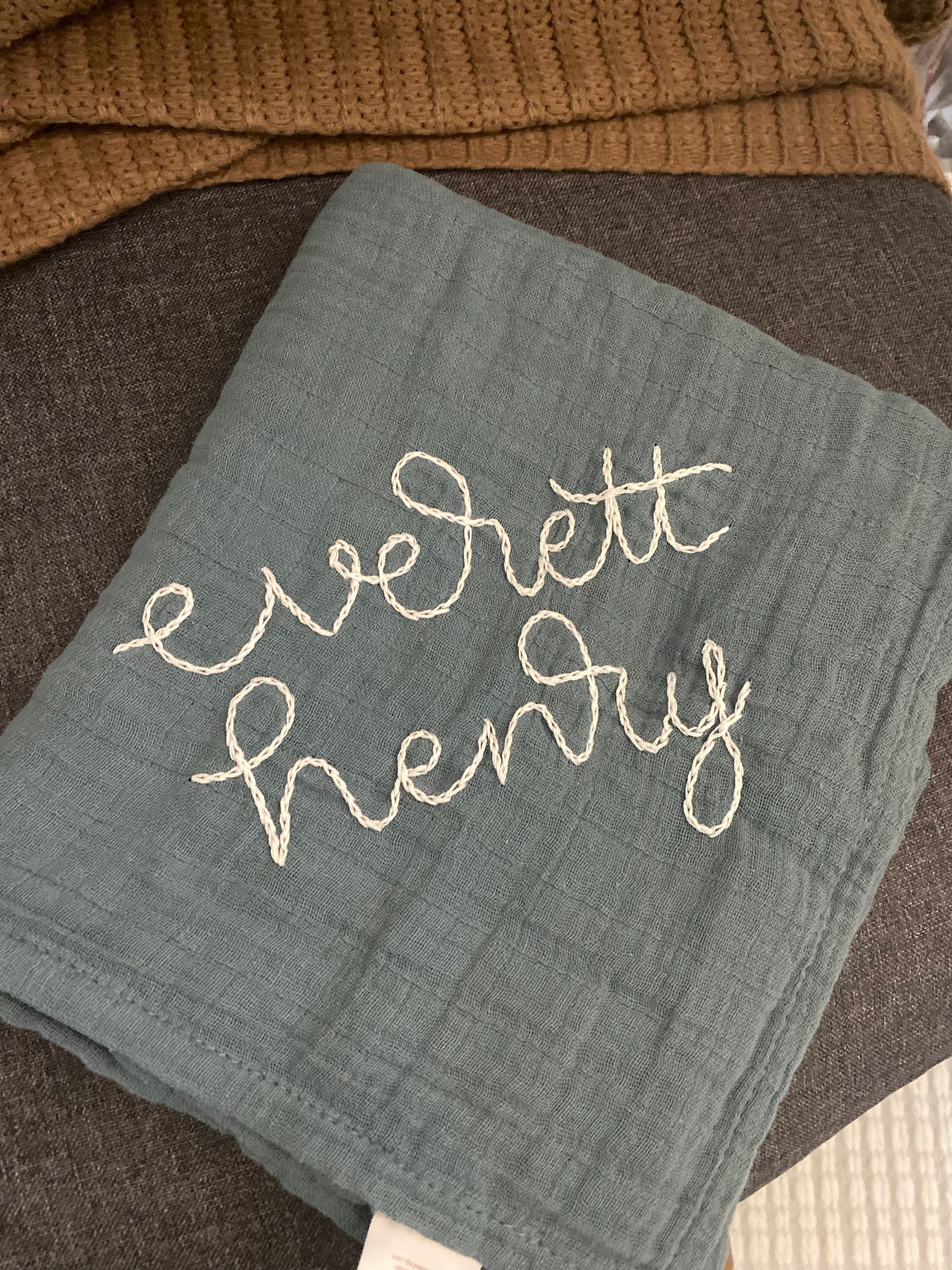 Hand Embroidered Baby Name Swaddle // Muslin Blanket //Name Announcement // Birth Announcement // Gender Reveal // Newborn Photos // Gift