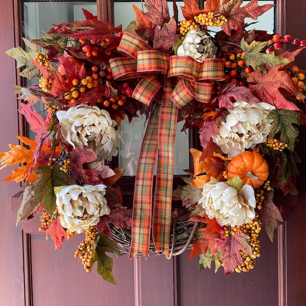 Fall Maple Leaves Wreath With Pumpkins, Front Door Wreath for Autumn ...