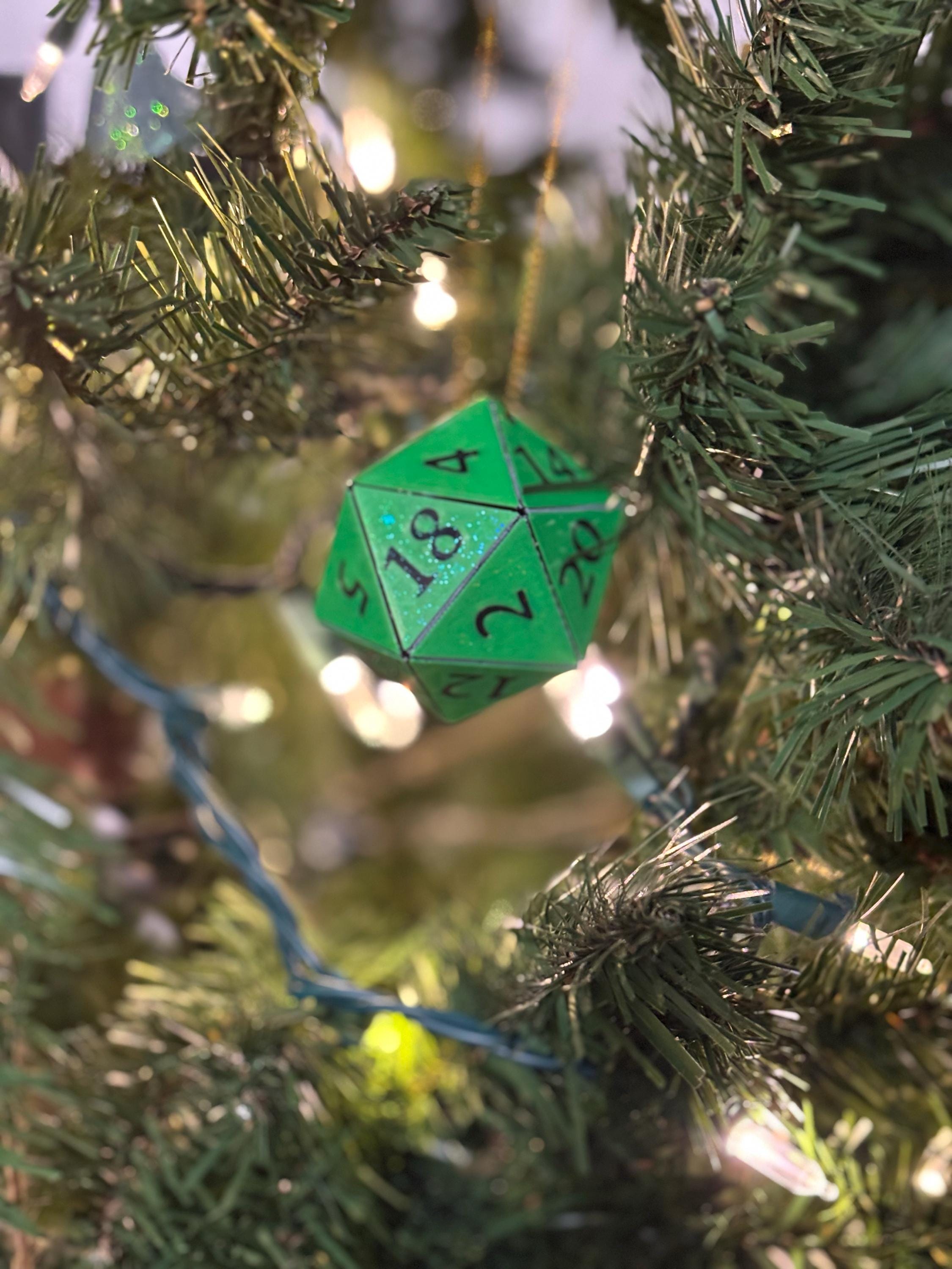 D20 Ornament [Pick your colors, 2&quot; Holographic] - Hanging DnD charm dangler - A magical Christmas tree holiday season gift for him or her