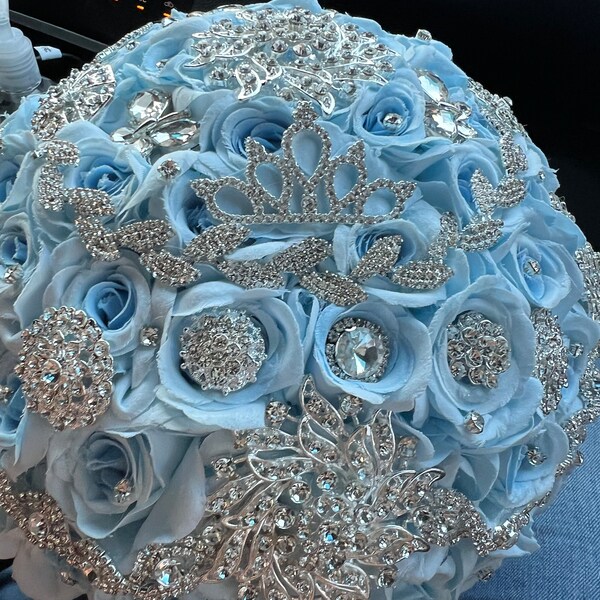 Baby Blue Quinceanera Bouquet, Dusty Blue Quince Decor, Quinceanera ...