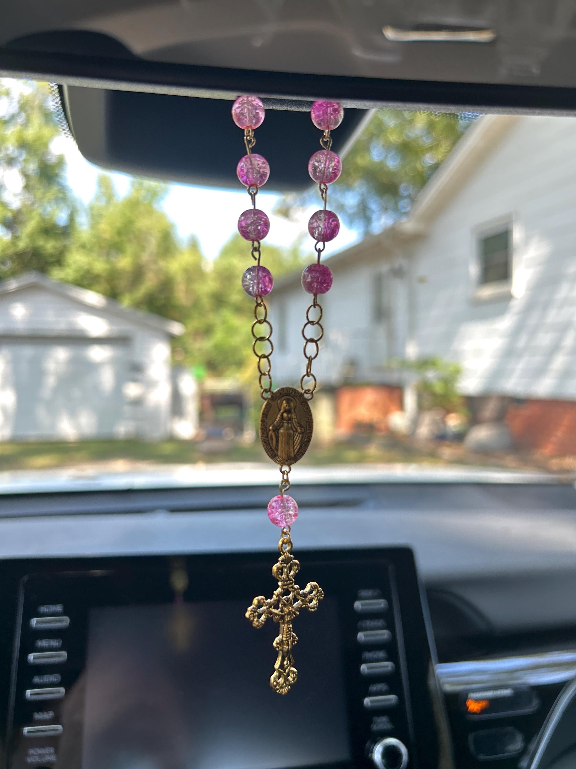 Rear View Mirror Car Rosary Beads - Antique Gold Cross Pendant - Car Protection Beads - New Glass Bead Colors!