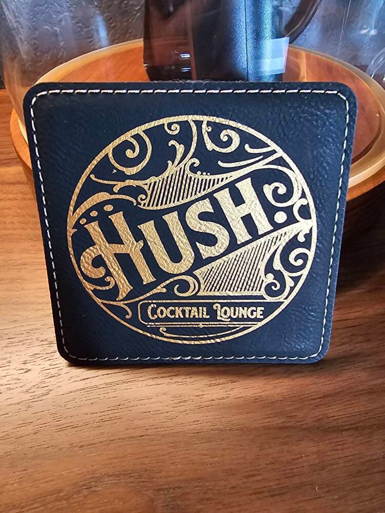Customer photo of Set of 6 Custom Logo Engraved / Etched Leatherette Coasters with Leatherette Coaster Holder from jodi
