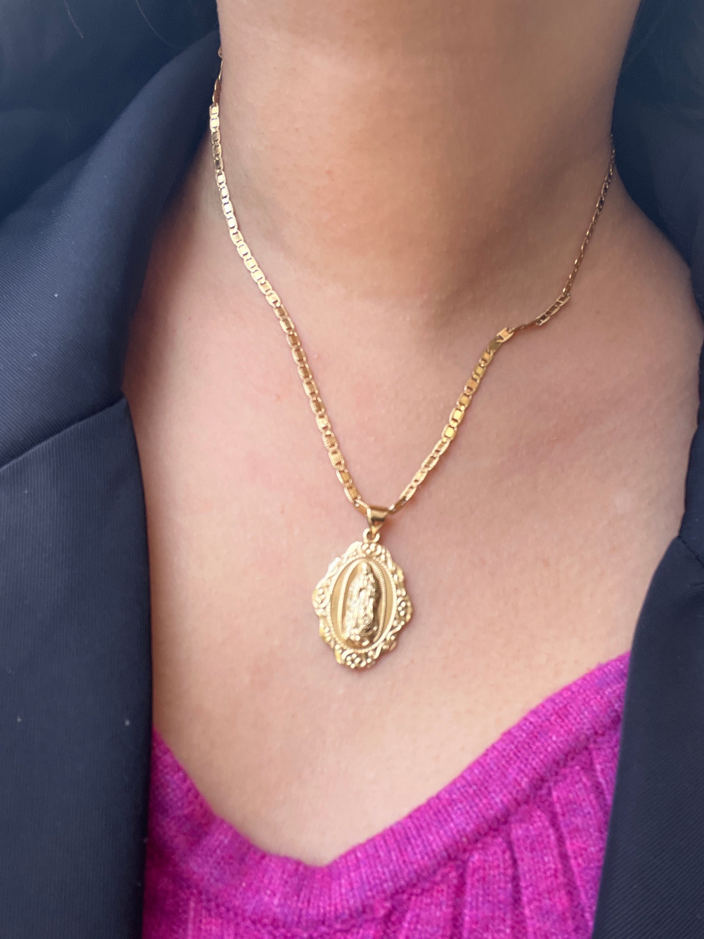 Gold Virgin Mary Necklace, Guadalupe Necklace, 2mm Fancy Flat Chain, 14k Heavy Plated Gold, High Quality, Lifetime Replacement Guarantee