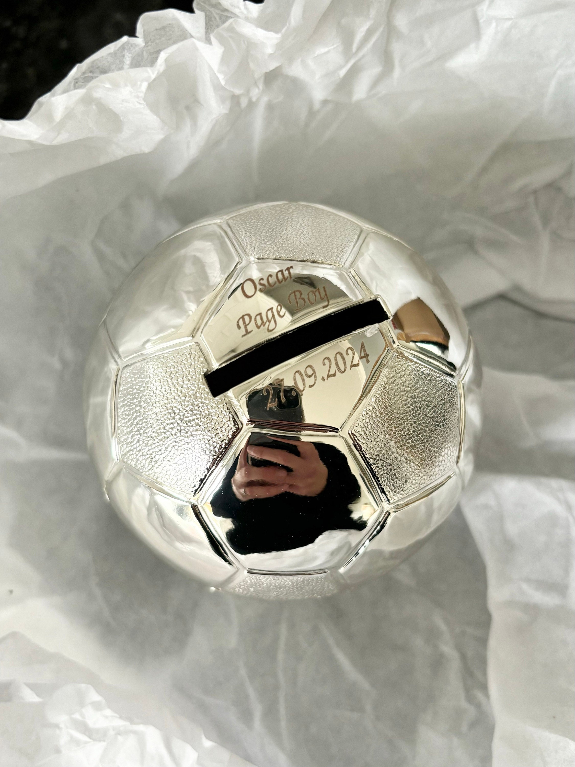 Personalised Silver Football Foot Ball Piggy Money Box For Boys Christening New Baby Gifts Ideas Boxes Girls Presents Born Babies Keepsakes
