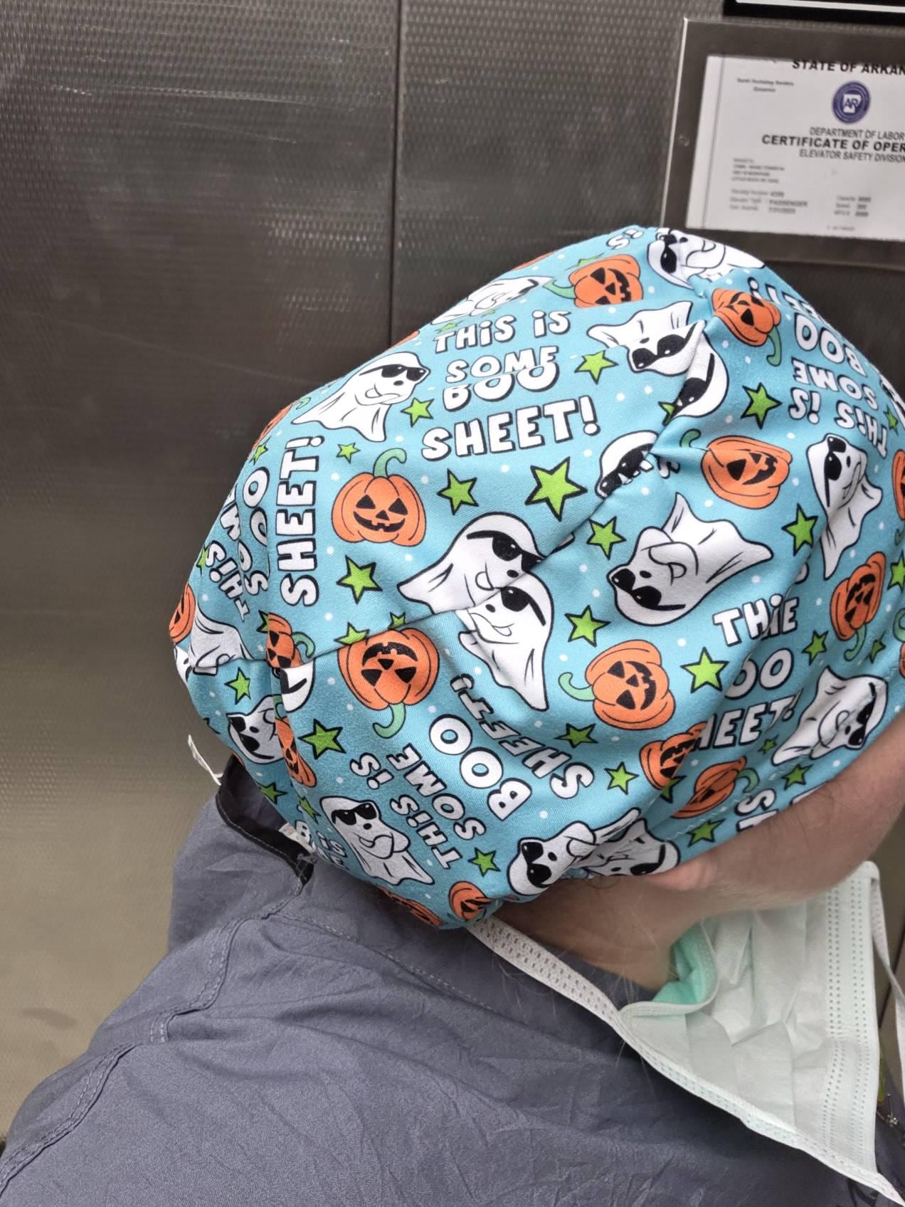 Boo sheet scrub hat, Halloween ghost  euro style scrub cap, cute pumpkin  surgical cap