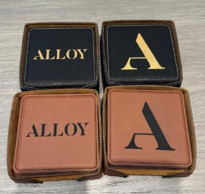 Customer photo of Set of 6 Custom Logo Engraved / Etched Leatherette Coasters with Leatherette Coaster Holder from laurenguastavino