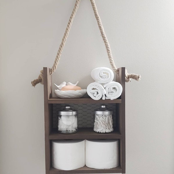 Rustic Wood Rope Hanging Bathroom Shelves, Farmhouse Style Over the ...