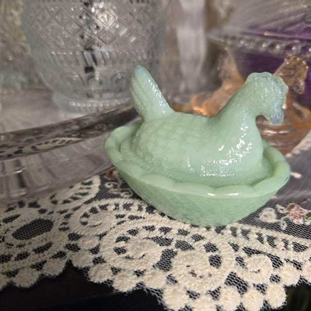 Accents | Jadeite Mini Glass Hen On Nest Salt Cellar Miniatures Vintage