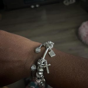 Authentic Pandora Signature OPEN BANGLE Silver Bracelet