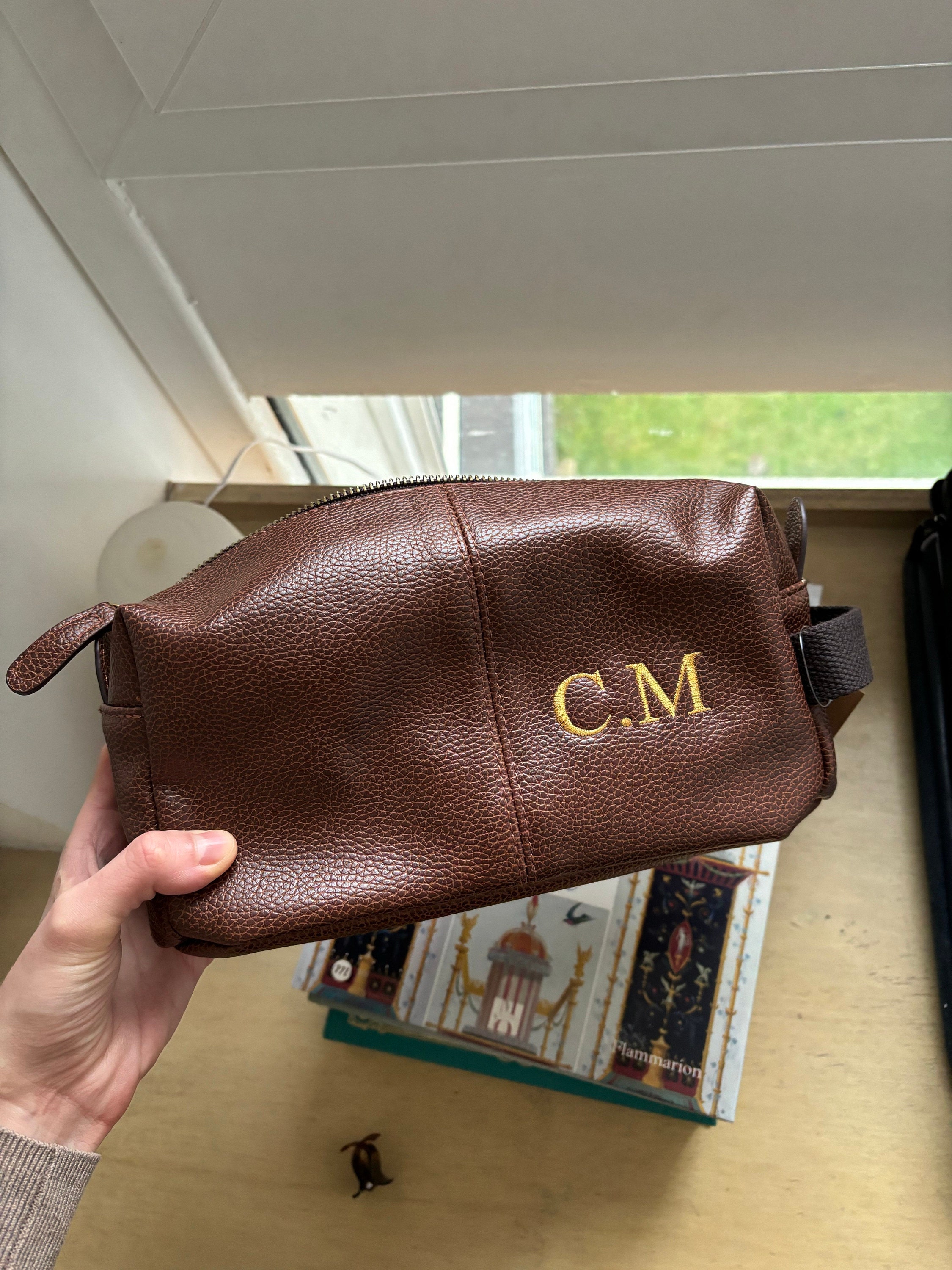 Personalised Embroidered Mens Leather Wash Bag with Strap Black or Brown - Mens Vegan Leather Toilet Bag Embroidered with Initials