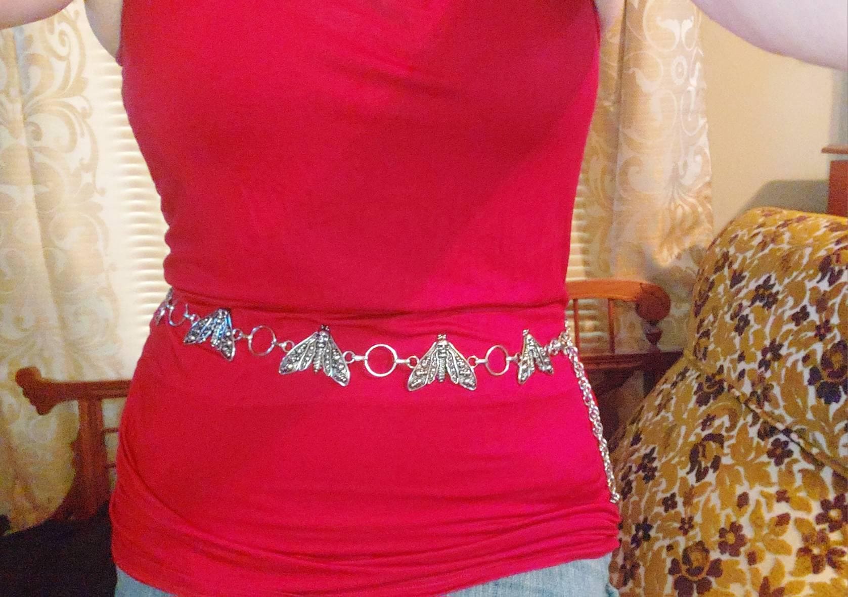 Dead Head Moth Metal Belt, Costume Jewelry, Bug Waist Chain Belt, Creepy Goth Punk Retro Unisex, Whimsigoth Moth Belt, Halloween Accessory