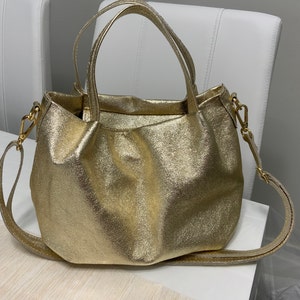 Top Zip Genuine Leather Shoulder Bag Gold Colour, Natural