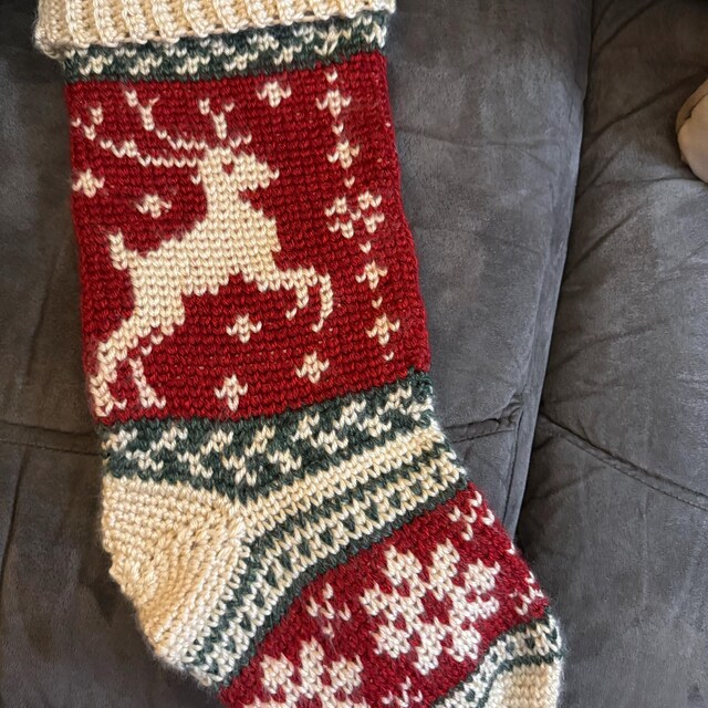 A customer's finished Prancing Deer Stocking Crochet Pattern