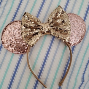 Disney Parks Minnie Ears Champagne Gold Bow Sequins Party Rare New Cos Headband 