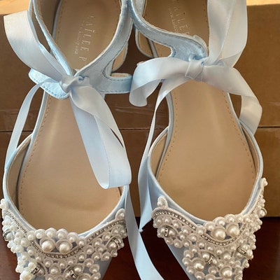 Light Blue Satin Pointy Toe Flats With OVERSIZED PEARLS - Etsy