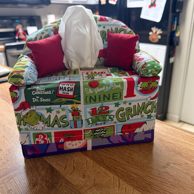 Sofa Tissue Box Cover-- the Grinch With Green Pillows