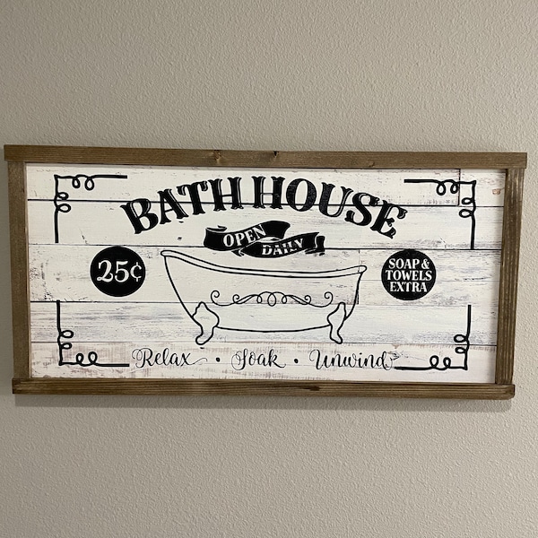 Farmhouse Bath House Wood Sign: Rustic Bathroom Wall Art - Etsy