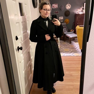 Vintage Inspired Long Wool Coat in Black, Winter Fall Wool Vintage Inspired Long Wool Coat in Black, Winter Fall Wool