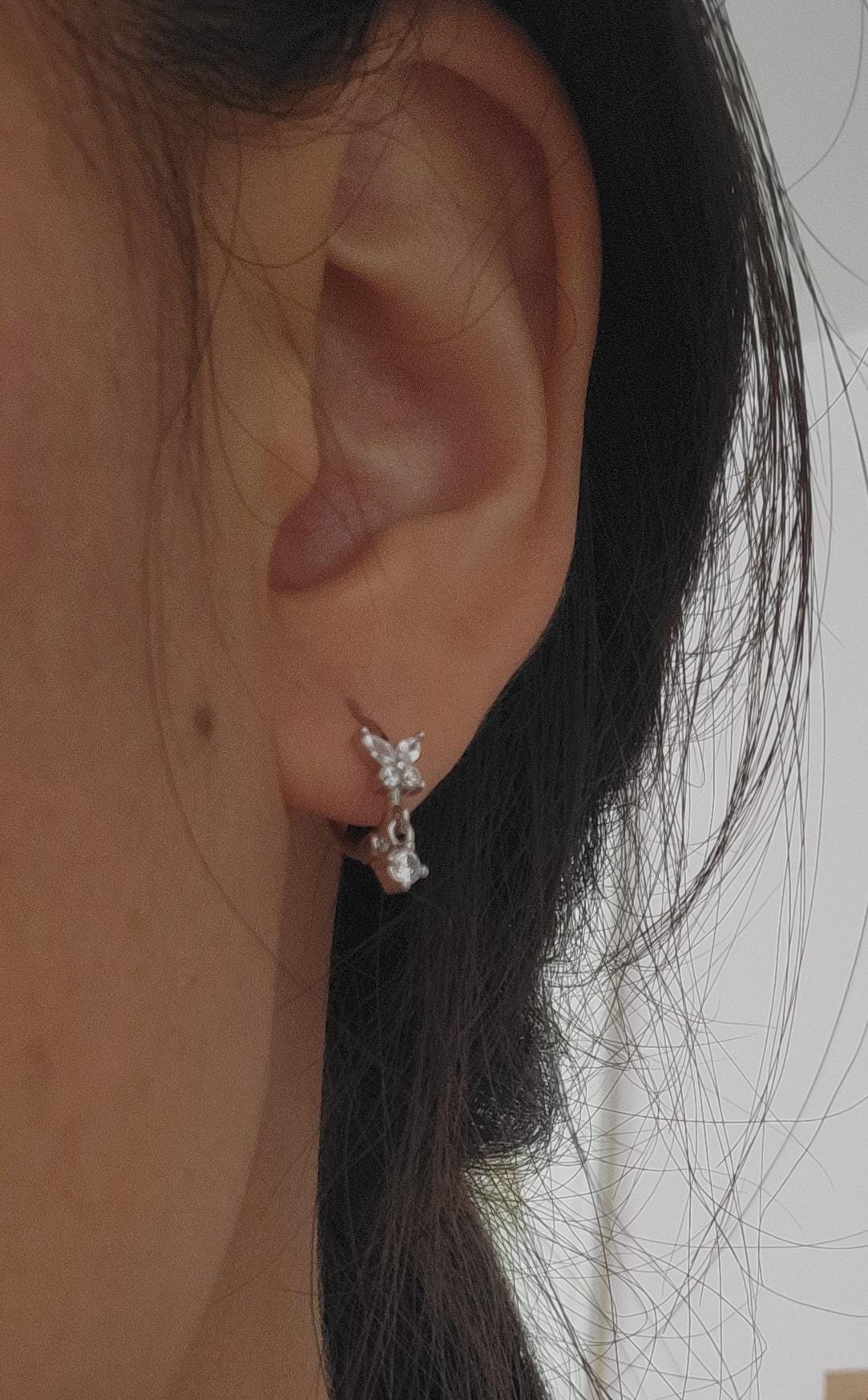 Dainty CZ Butterfly Shaped Huggie Hoop Earrings With Dangling Charm