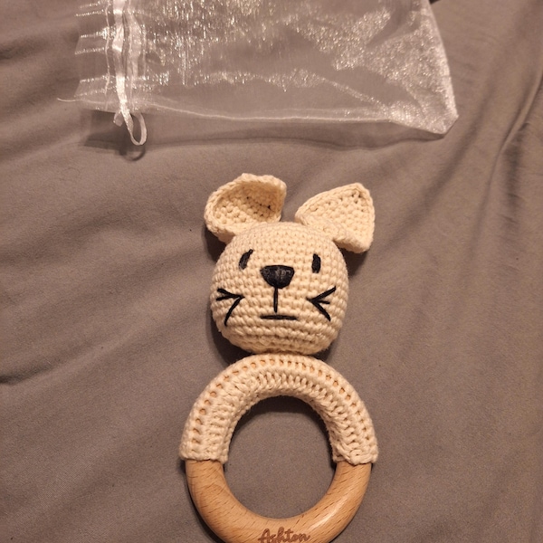 Crochet Toy Rattle for Babies, Personalized Wooden Rattle Ring for ...
