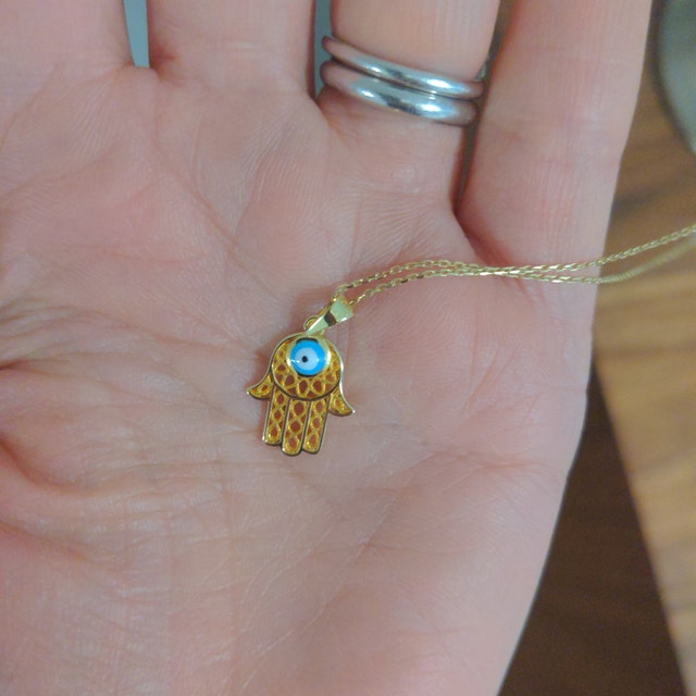 Dainty Hamsa Necklace, Hand of Fatima, 14K Gold, Turquoise