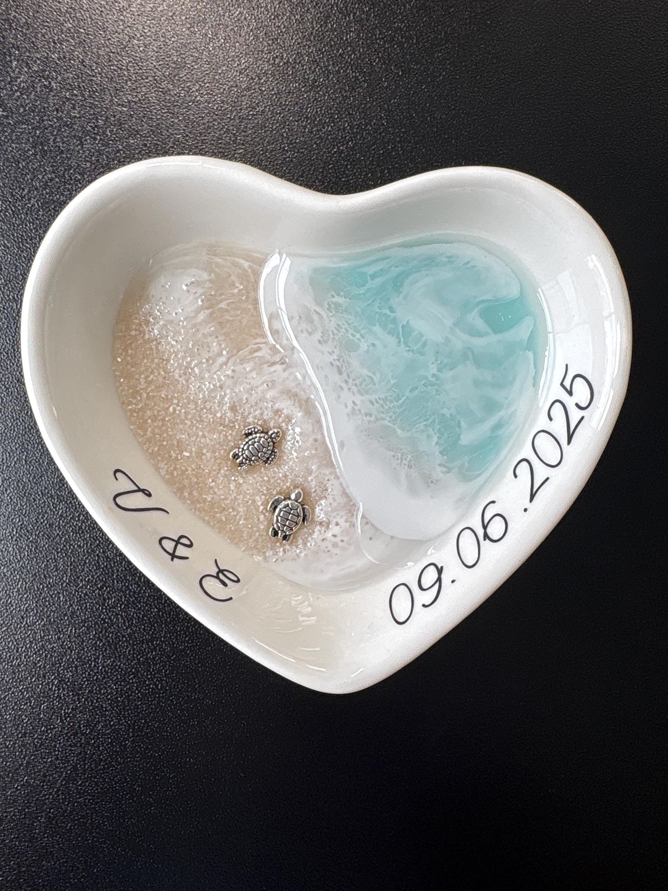 Personalized Turtle Ring Dish Custom Wedding Gift Engagement Engaged Fiancé Wife Custom Ocean Decor Beach Ceramic Heart Woman Anniversary