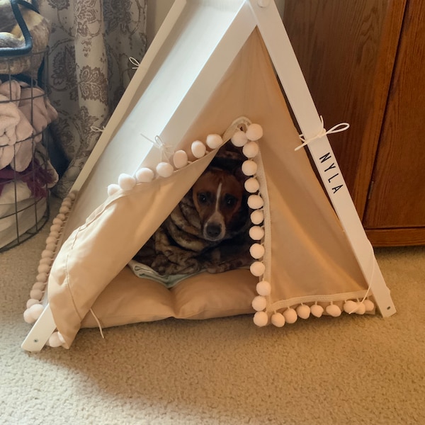 Black Dog Bed With Pompoms. Boho Chic Dog Teepee Tent. Bohemian French