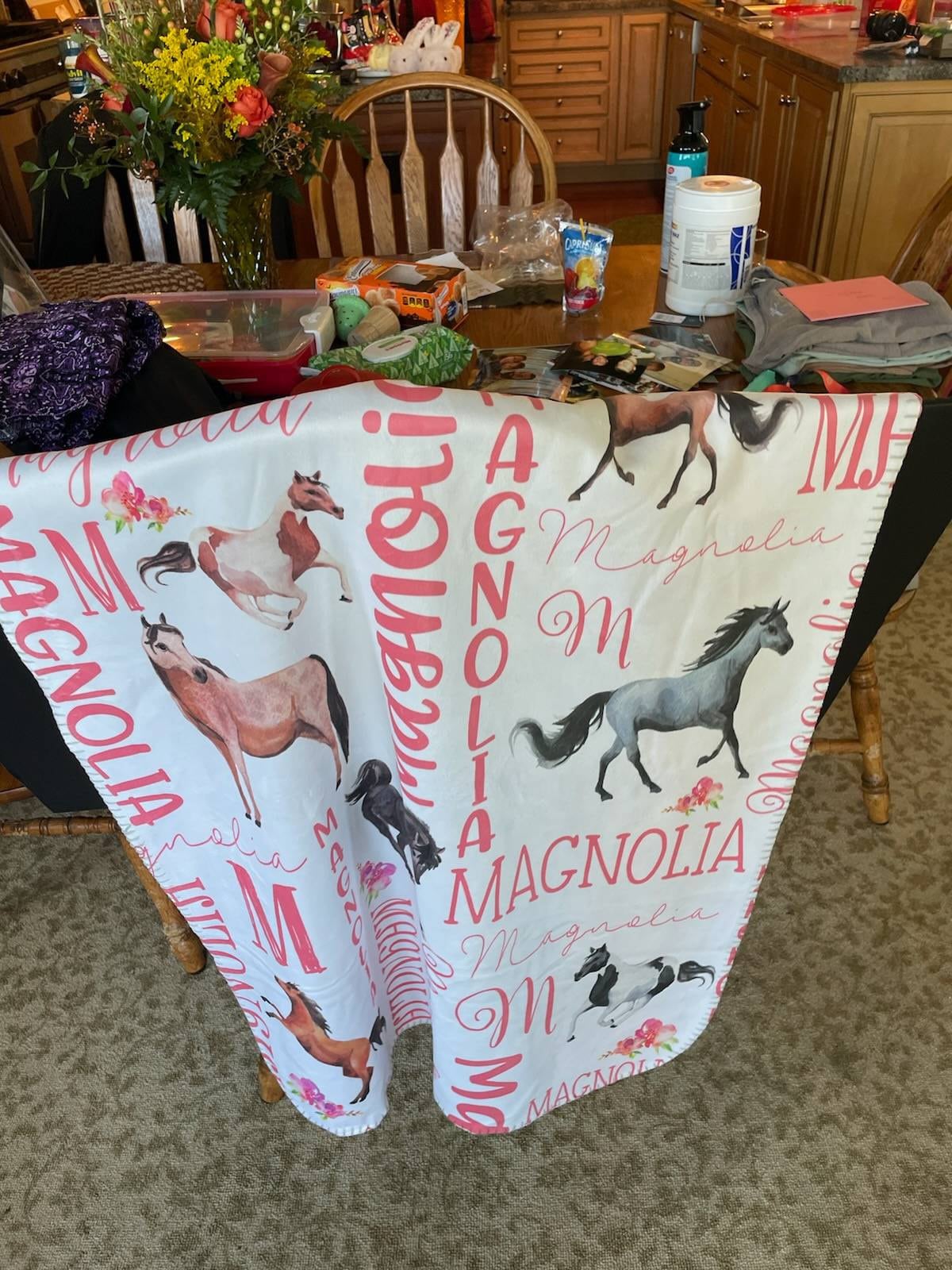 Personalized Horse Baby Blanket - Horse Sherpa Throw Blanket -  Personalized Baby Girl Blanket - Floral Horse Personalized Baby Blanket