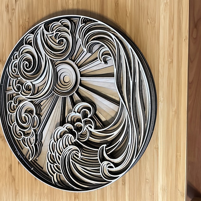 海の波 3D Zentangle SVG ファイル、レーザー切断用の多層パネル