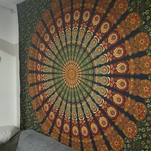 Mandala Tapestry Green Orange Indian Wall Hanging Large Green Peacock ...