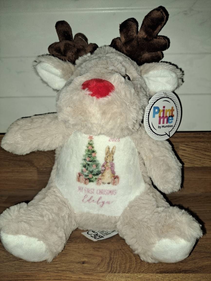 Personalised Small Rudolf Reindeer Christmas Teddy Bear Plushie Baby&#39;s First 1st Xmas Children&#39;s Kids Name Gift Present Keepsake