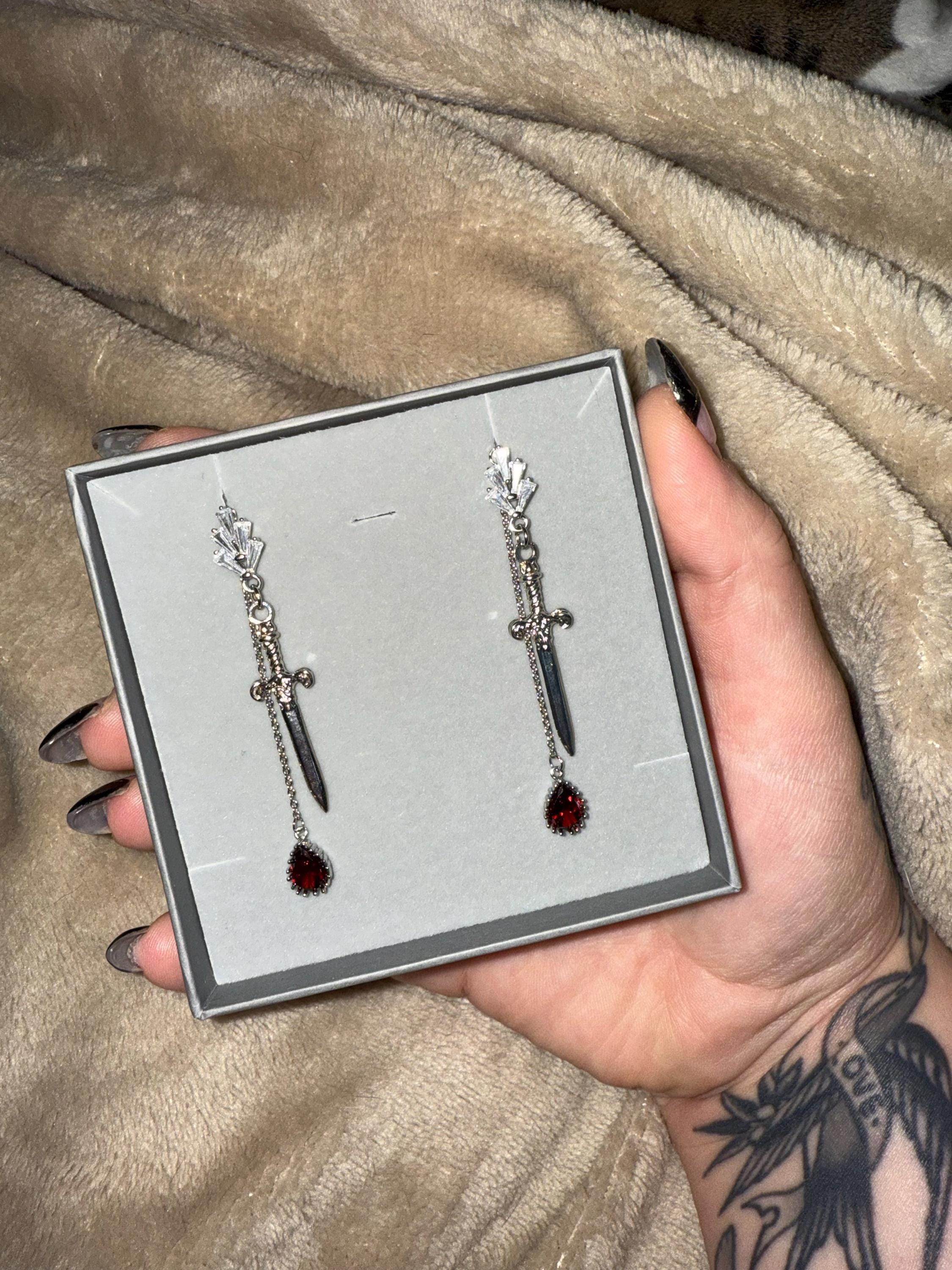 Sword and Blood Drop Dangle 2 Way Earrings / Gold,Silver, Black Deep Red Teardrop Earrings