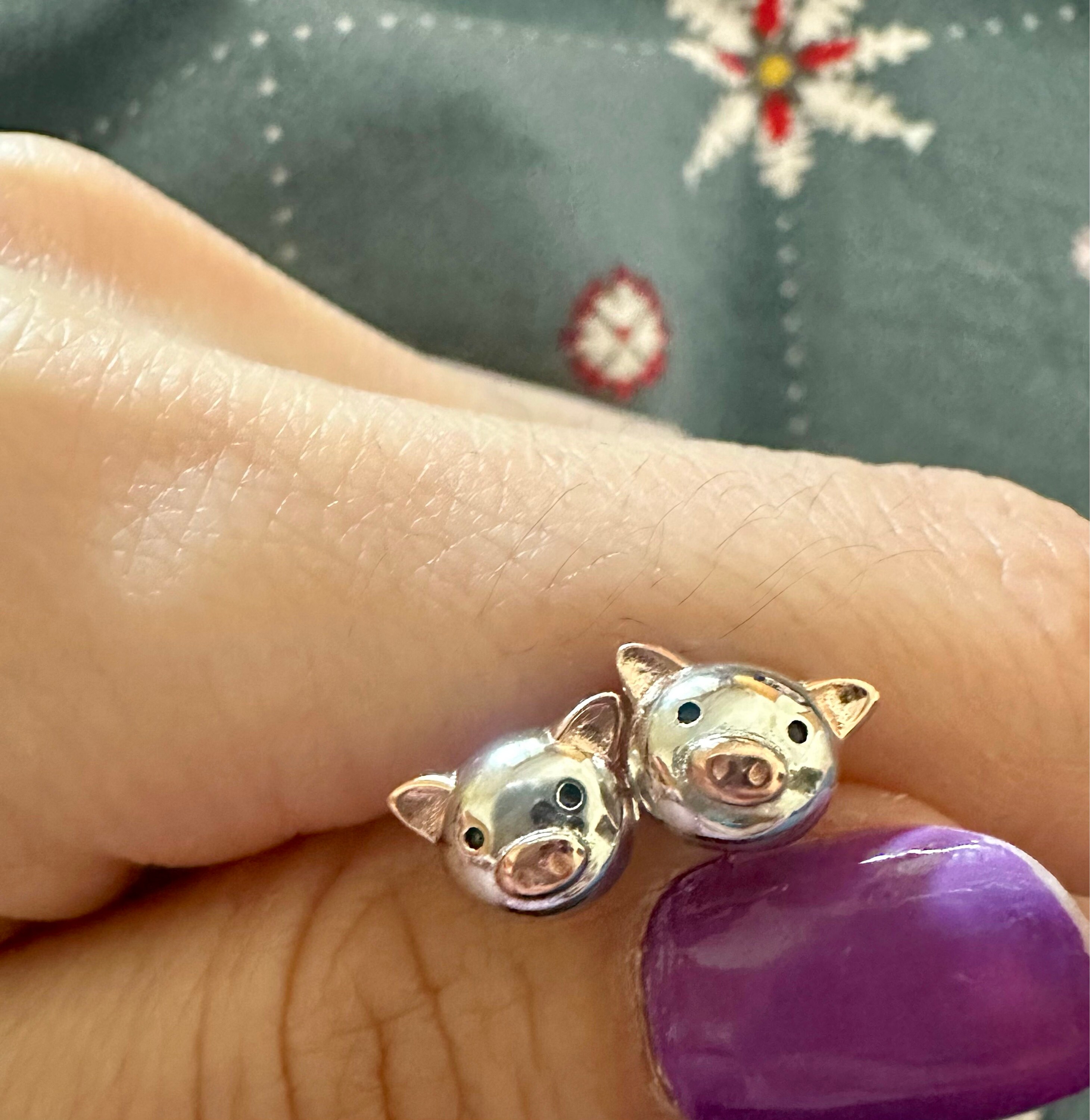 Cute Little Pig Stud Earrings in Sterling Silver - Silver and Rose Gold - Farm Animal Earrings - Whimsical and Pretty Jewellery