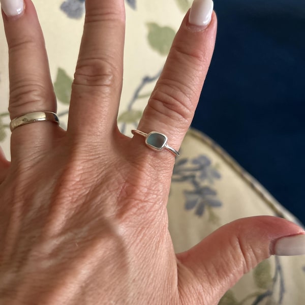 Teal Sea Glass Ring, Thin Sterling Silver Minimalist Beach Ring, Sea ...
