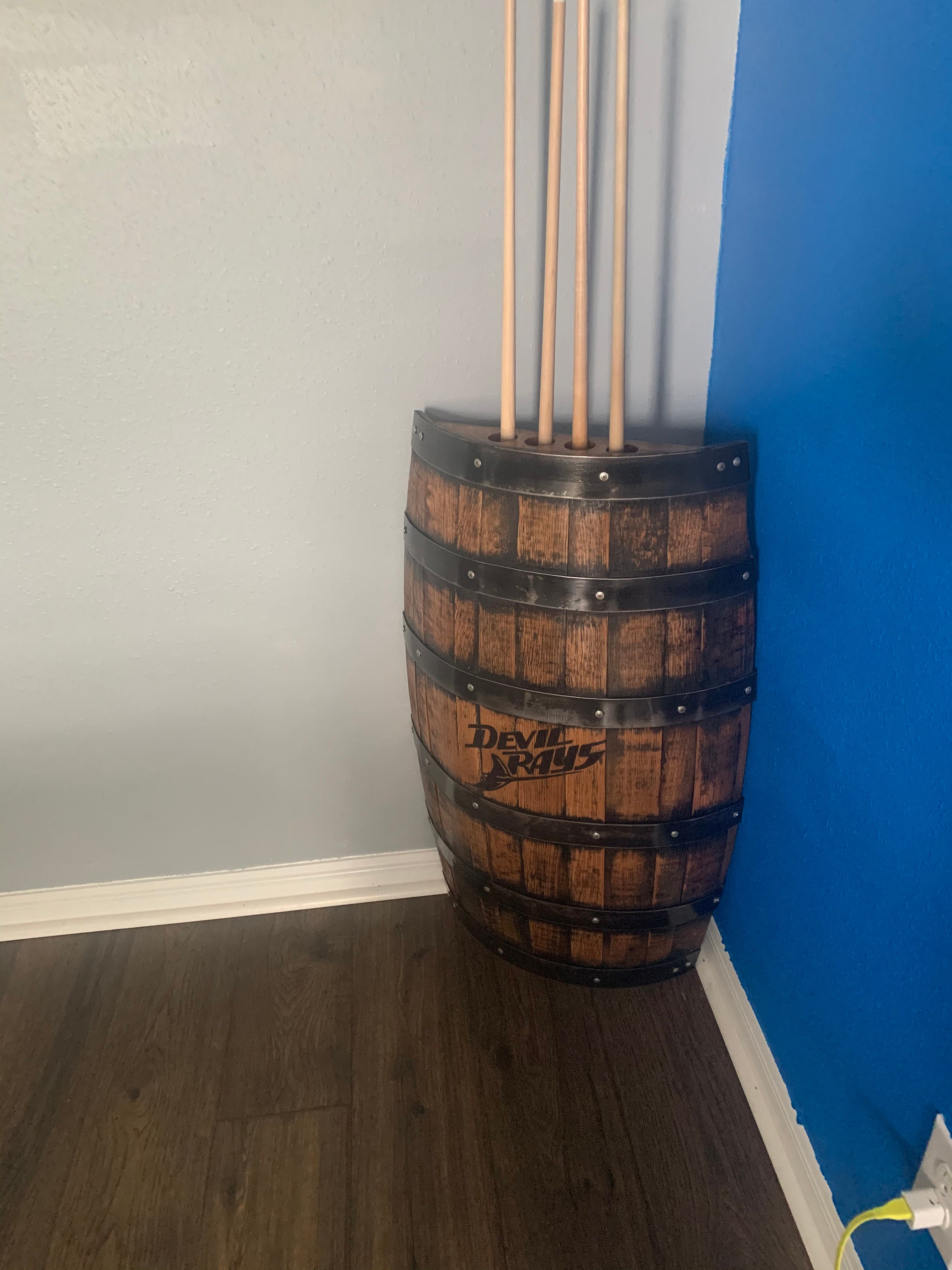 Whiskey barrel pool cue rack, billiards, pool stick holder, western