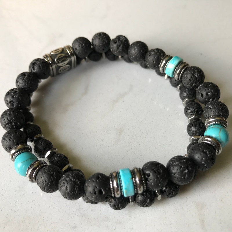 Young & Forever Men's D'Vine Yin Yang Lava Turquoise Reiki Bracelet - Stretch Cord, Natural Stones